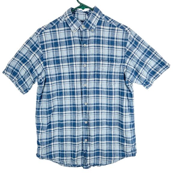 Cremieux Linen Blend Shirt Men's Small Button-Up Short Sleeve Blue Plaid - Picture 1 of 12